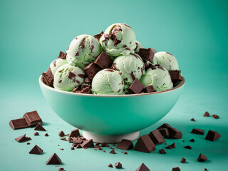 Mint chocolate chip ice cream in a bowl with chocolate chunks scattered around, on a cool mint green background.