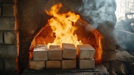 Wall Mural - Fiery Kiln with Brick Stack in a Brick Oven