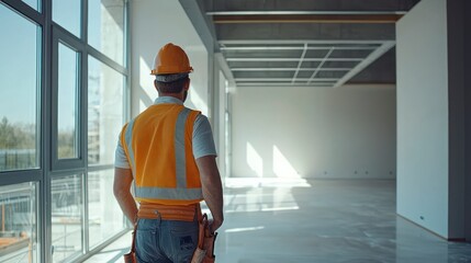 Construction worker in safety vest inspecting an empty room with large windows