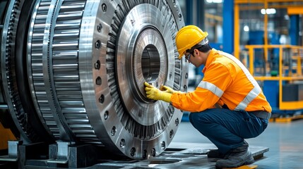 Wall Mural - An engineer inspects a large industrial turbine component in a manufacturing facility.