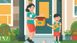 © sommersby - A woman delivers a package to a cheerful boy waiting at the front door on a sunny day in a welcoming suburban setting