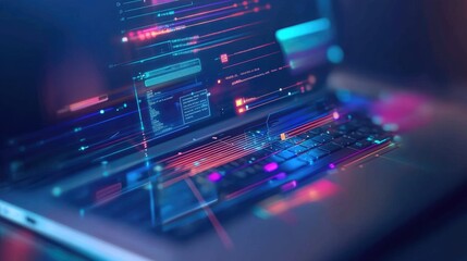 Laptop displaying futuristic code rain effect with neon lights