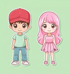 A cute boy and girl in chibi style, flat design with pastel colors, simple background, vector illustration, Japanese anime characters