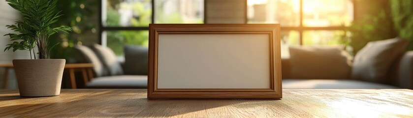 Minimalist frame on wooden table, cozy living room, blurred family in background, warm tones