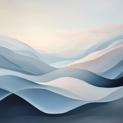 Wall Mural - Abstract landscape with blue and white waves, representing a misty mountain range or a calm ocean.