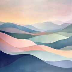 Canvas Print - Abstract painting of rolling hills in soft blue, pink, and green hues at sunset.