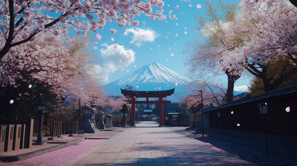 Arakura Fuji Sengen Shrine, view of the shrine facing Mount Fuji with clear sky and thin clouds, pink cherry blossoms falling around the shrine, Ai generated Images