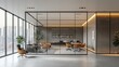© Raitalinn - A sleek office interior boasts glass walls, city views, and modern furnishings.