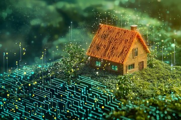 A small house with digital technology background, surreal landscape style 