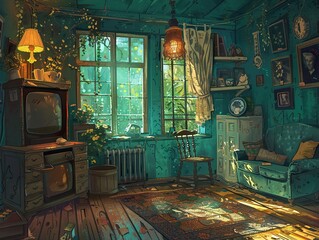 Wall Mural - Cozy Vintage Living Room with Sunbeams and Plants