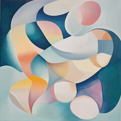 Sticker - Abstract painting with swirling shapes in shades of blue, pink, white, and yellow.