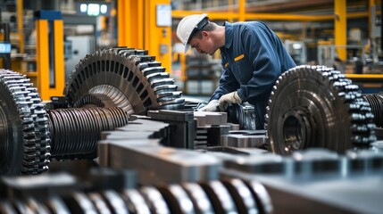 Wall Mural - A worker inspects large mechanical gears in an industrial setting, highlighting precision and engineering.