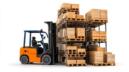 A forklift lifting wooden pallets stacked in a warehouse, showcasing efficient material handling and logistics operations.