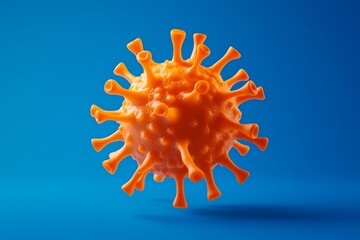 A 3D rendering depicting an orange virus-like form floating in the air against a blue background.