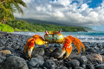 Canvas Print - Vibrant Orange and Yellow Crab on a Black Sand Beach