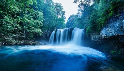 ai generative of blue ink of the waterfall in summer forest with nature background