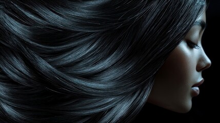 Profile of a woman with long black hair against a dark background