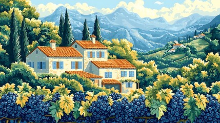 An Italian villa sits amidst grapevines, offering stunning views of mountains and lush landscapes.