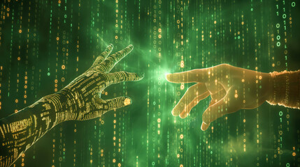 Two hands reaching out, with one hand glowing with binary code and the other hand emitting light, symbolizing the connection between humanity and technology.