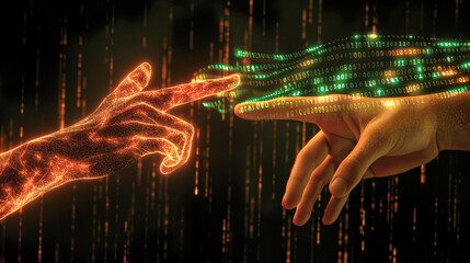 Two hands reaching towards each other with a glowing, digital interface and binary code in the background, representing a connection between technology and humanity.