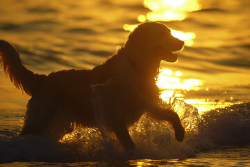 Silhouette of a dog splashing through the water at sunset, with the golden light of the sun illuminating the scene, creating a dynamic and energetic moment.