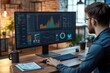 © Анатолий Сав - An expert is deeply engaged in analyzing complex data on a large monitor while writing at an organized desk in a contemporary office. Generative AI