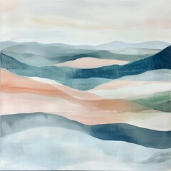 Poster - Abstract watercolor painting of a mountain landscape with blue, green and peach colors.