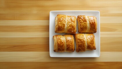 Canvas Print - Sausage roll bread pastry puff with chicken or beef meat for baking, wooden table