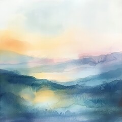 Poster - Abstract watercolor painting of a mountain range at sunset with a misty, hazy atmosphere.