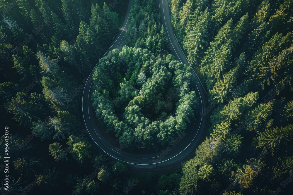 White infinity symbol logo over aerial view of forest road, symbolizing ...