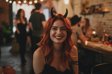 Wall Mural - Portrait of beautiful young cheerful woman with bright make-up on Halloween party	