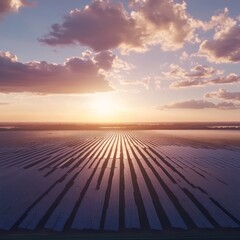 Wall Mural - Aerial view of a large solar panel farm at sunset, with rows of panels stretching towards the horizon.