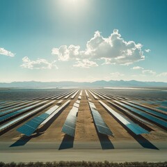 Aerial view of a large solar panel farm in a desert landscape with blue sky and clouds.