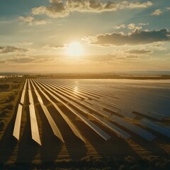 Wall Mural - Aerial view of a solar farm at sunset.