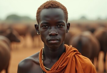 Beautiful, Dark-skinned Dinka Youth in Traditional Garb, Standing in a Cattle Camp