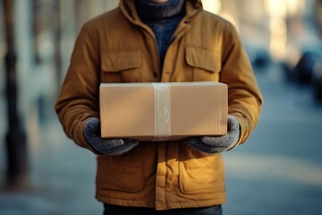 A man is holding a cardboard box with a white tape on it