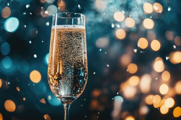 a glass of champagne is sitting on a table with a blurry background. concept of celebration and fest