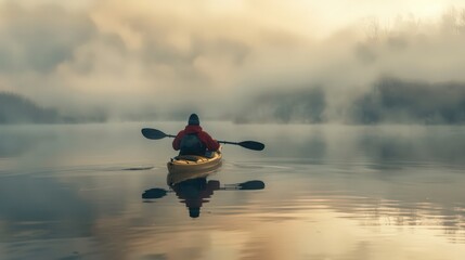 Sticker - A fisherman navigating a kayak through a misty morning on a quiet lake, with the still water reflecting the surrounding landscape