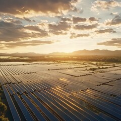 Wall Mural - Aerial view of a vast solar panel farm at sunset, with rolling hills in the background.