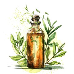 Poster - Aromatic Myrtle Essential Oil in Rustic Glass Bottle with Watercolor Leaves and Herbs. Natural Wellness and Relaxation Concept