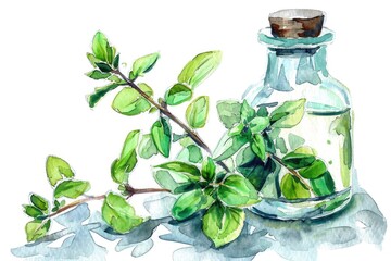 Canvas Print - Aromatic Oregano Essential Oil Bottle with Watercolor Twig and Fresh Green Leaves