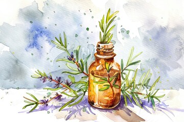 Poster - Aromatic Rosemary Essential Oil. Watercolor Herbal Therapy for Health and Wellness