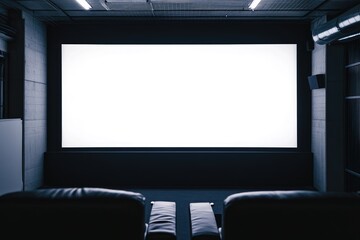 A movie theater with two black leather chairs and a large white screen