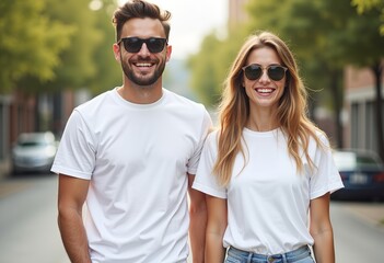 urban lifestyle concept: couple strolling in the city, wearing trendy white t-shirts and sunglasses