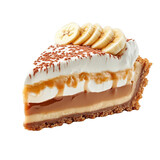 Delicious slice of banoffee pie topped with sliced bananas, whipped cream, caramel, and a crumbly biscuit base. Perfect dessert for any occasion.