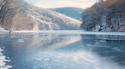 Sticker - A frozen lake surrounded by snow-covered hills and trees, with the surface of the lake smooth and icy,