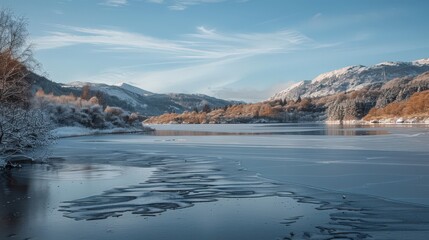 Sticker - A frozen lake surrounded by snow-covered hills and trees, with the surface of the lake smooth and icy,