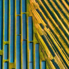 Canvas Print - Aerial view of solar panels in a field, with a diagonal pattern of vegetation in the background.