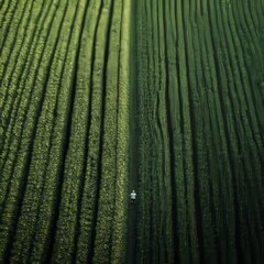 Sticker - An aerial view of a lone person walking through a field of green crops.