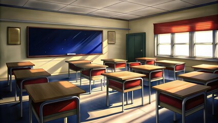 Canvas Print - Empty Classroom with Desks and Blackboard